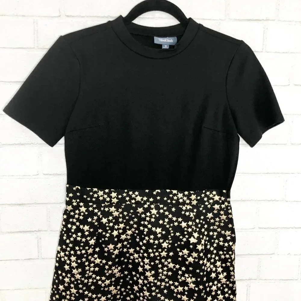 Modcloth Gold Metallic Star Print Color-block Dress Women's Size Medium - Picture 2 of 8